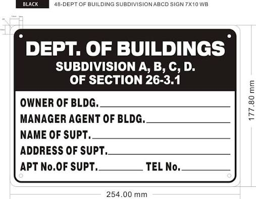 SIGN DEPT. OF BLDG. SUPT. & MNGR   A-B-C-D 11" X 8" METAL